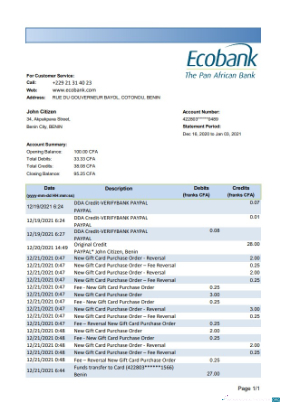Download Benin Ecobank bank statement excel Photoshop template